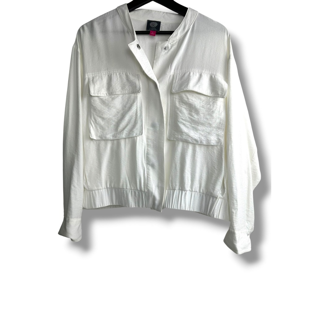 Vince Camuto Womens White Utility Jacket Snap Front Elastic Hem Size Large